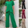 Pendler Lässige Kleidung Damen 2-teilige Sets Rundhalsausschnitt Kurze Ärmel Unregelmäßiger Saum Polyester Spandex Anzug Oberteil und Weite Hosen Sommer Lounge Outfits