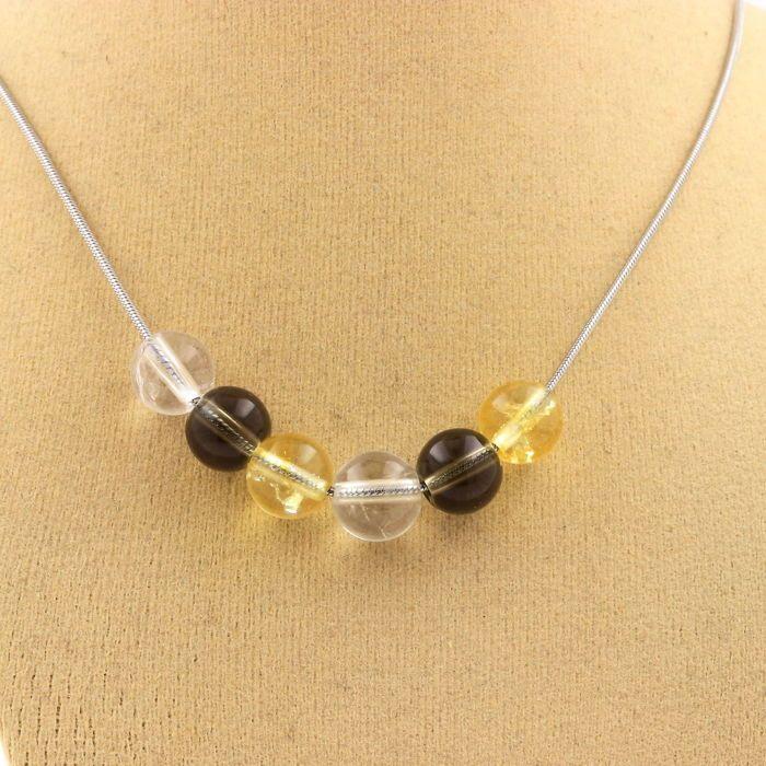 Stones and Minerals. Smoky Quartz + Citrine + Quartz Beaded Necklace 8 Mm. Steel Chain Necklace Women, Men. Custom Size