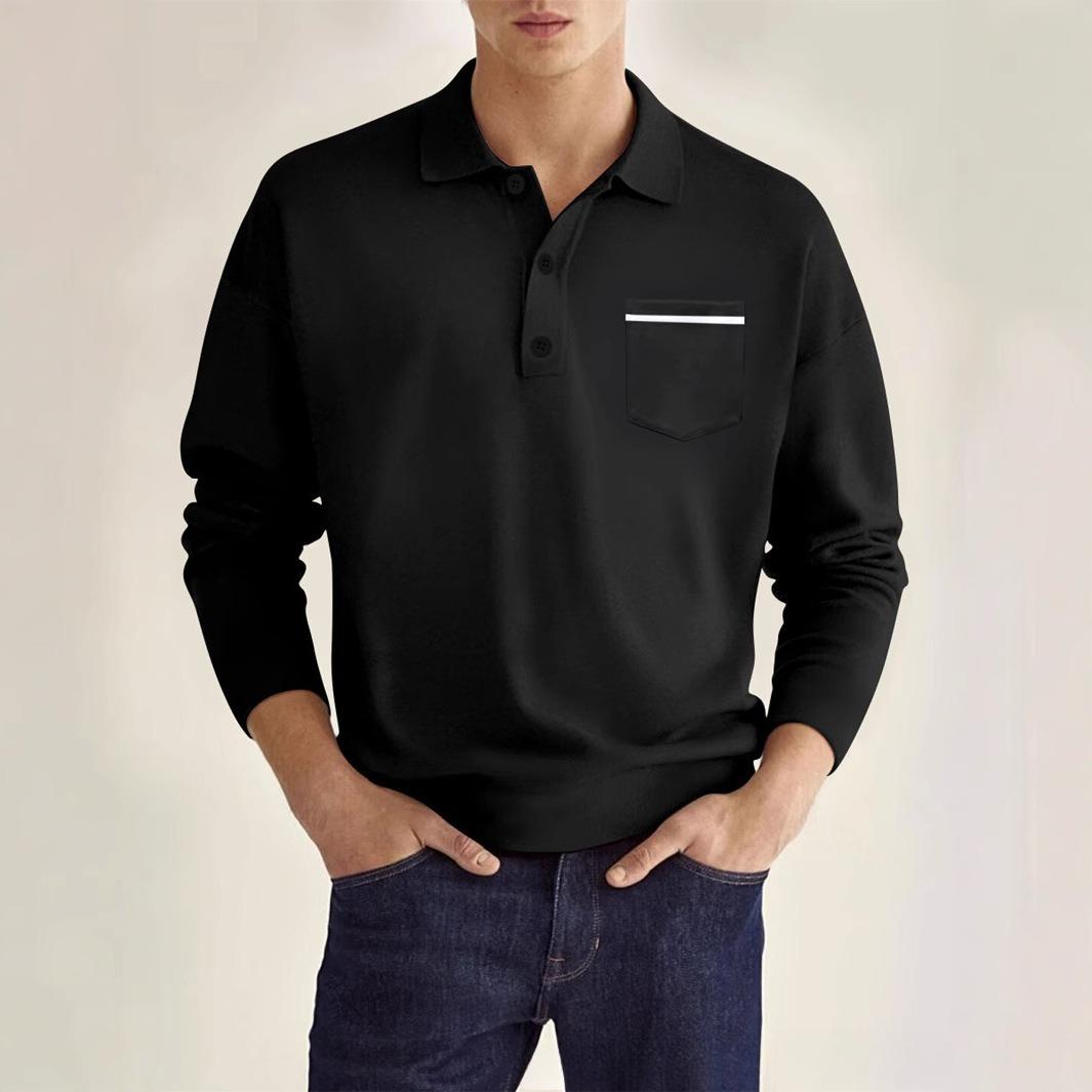 

Men s Spring Autumn Long Sleeve Polo Shirt, V-Neck Button Casual Top with Real Pocket, Slim Fit Pullover Shirt S чёрный