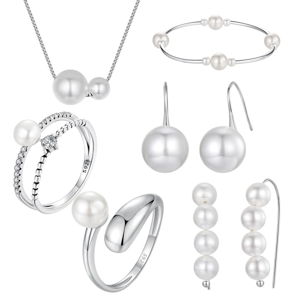 S925 Sterling Silver Temperament Pearl Set Versatile Simple French Temperament Bead Earrings, Direct Sales
