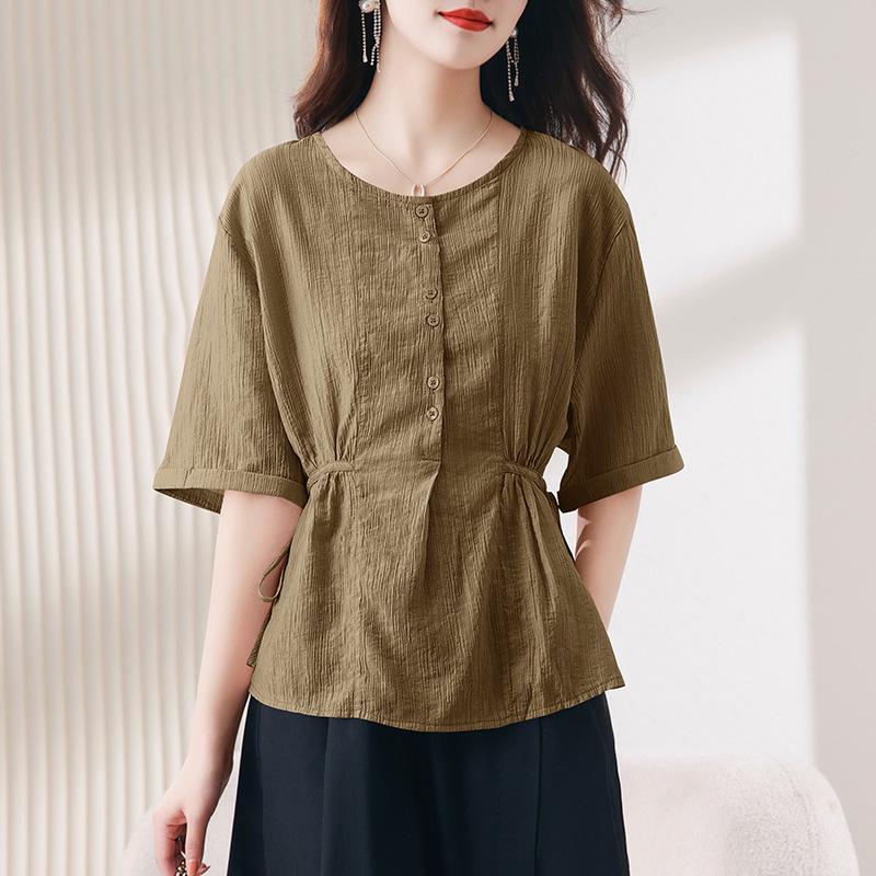 

Женский летний топ из тенселя с коротким рукавом и круглым вырезом - Новая мода 2025, повседневный стиль для женщин среднего возраста M