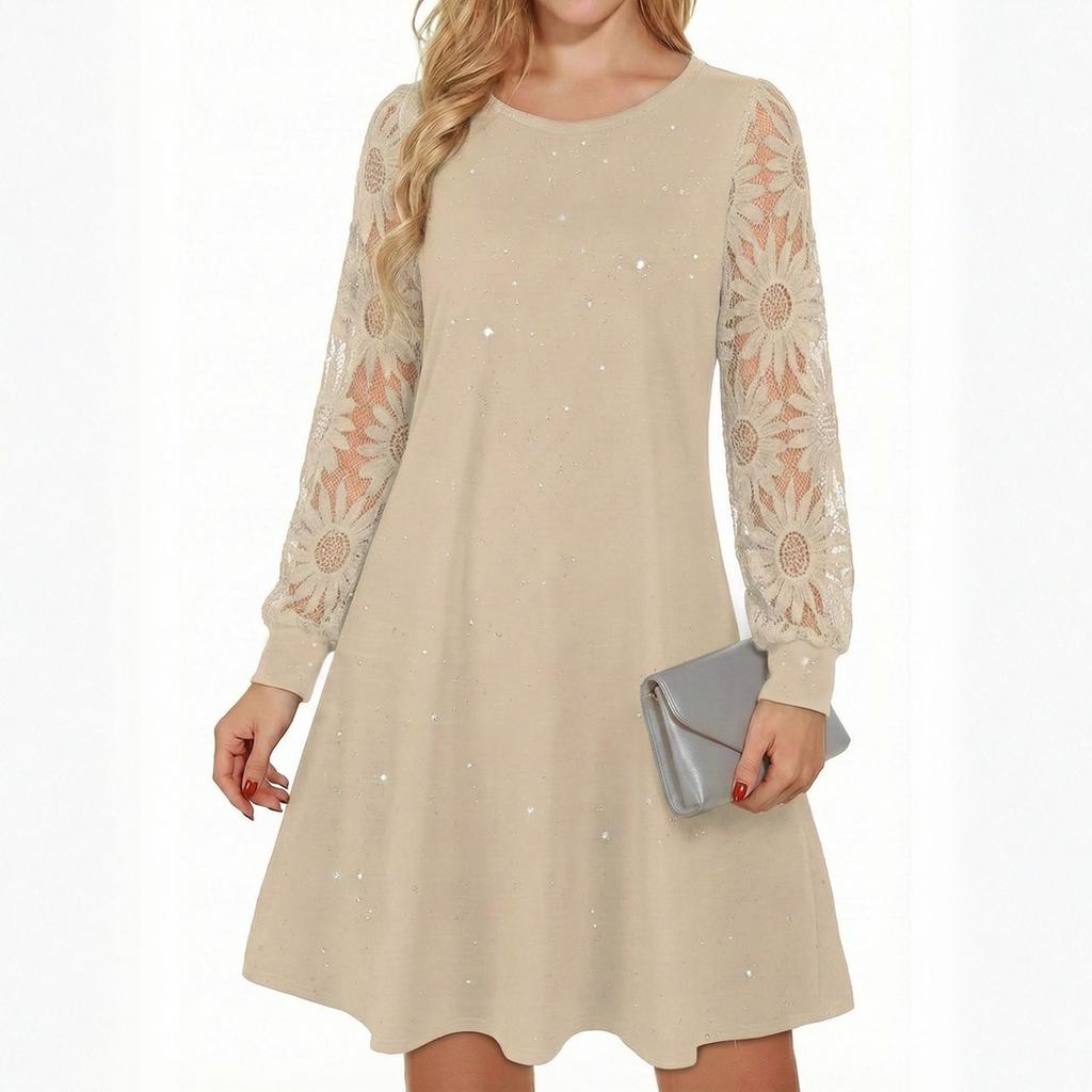 Ladies' Round Neck Lace Patchwork Long Sleeved Slim Fit Dress