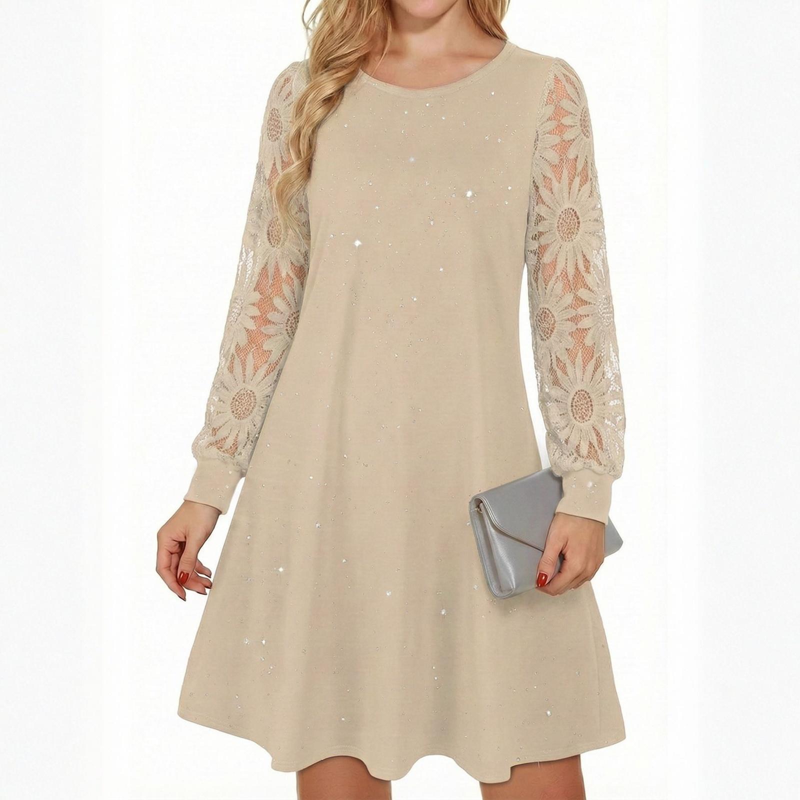 Ladies  Round Neck Lace Patchwork Long Sleeved Slim Fit Dress L