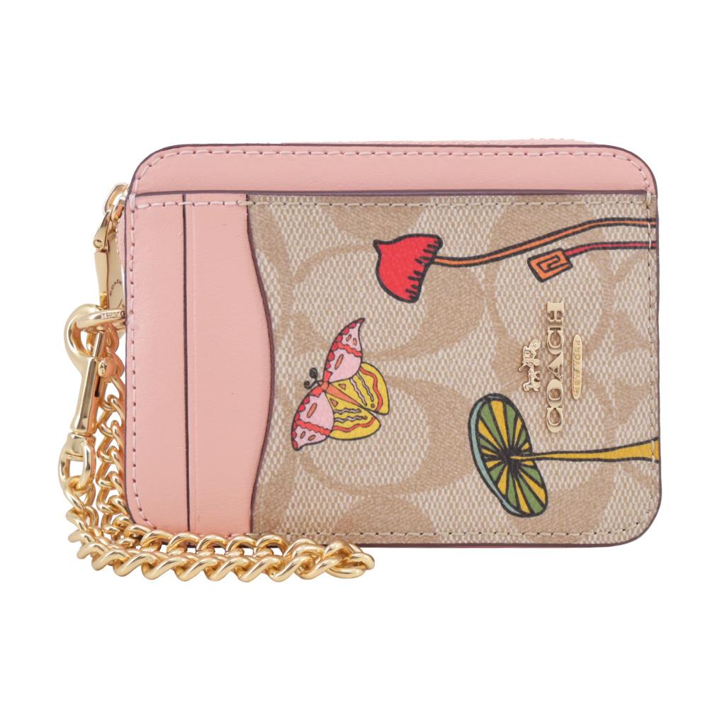 Coach Card Case Floral Print Leather Wallet Women Wallet Khaki Pink CU403-IMX3T Pink Khaki