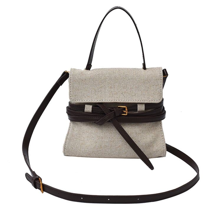 Off-white linen leather strap portable small square bag