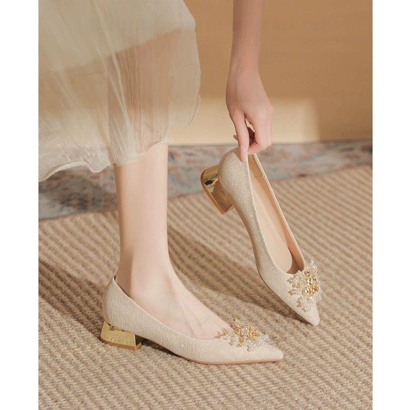 2025 spring and summer new champagne color can be worn daily without tiring feet single shoes women's fashion pearl wedding shoes two wear single sh
