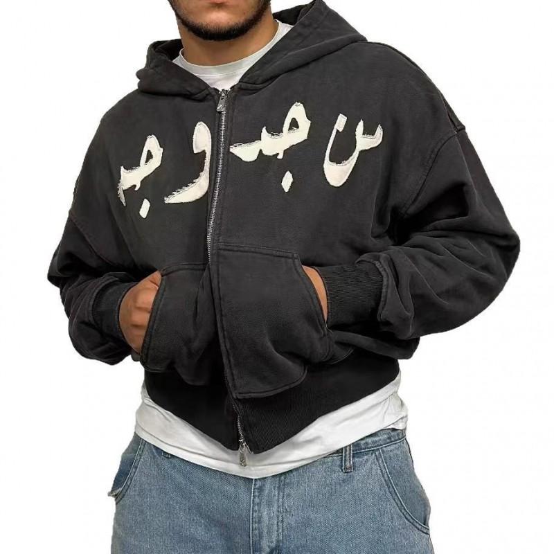 Vintage Oversized Zip-Up Hoodie Men Women Printed Casual Sweatshirt