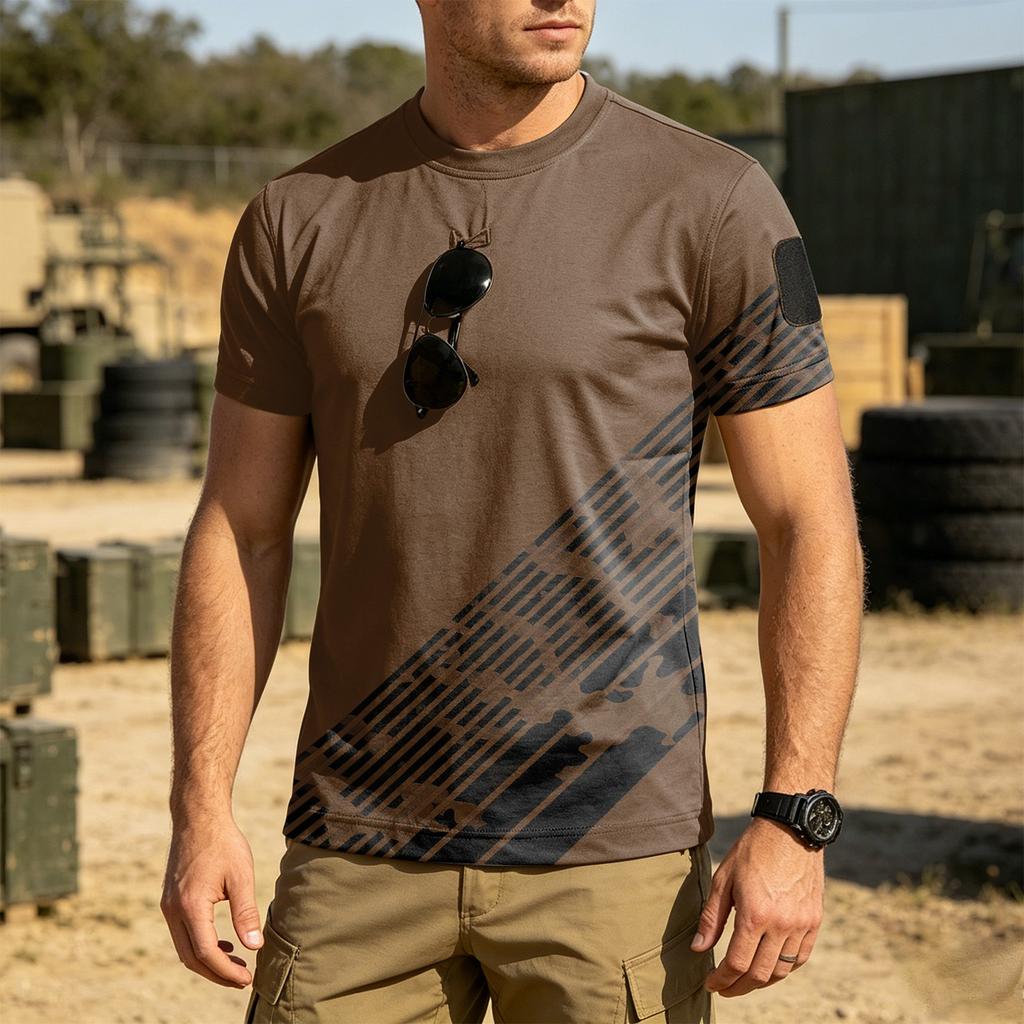Men's Tactical Outdoor Quick Dry T Shirt Loose Fit Round Neck Breathable Short Sleeve Camouflage Print with Hook and Loop Patch Area