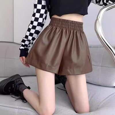 Plus Size Damsvarta PU-läder A-linjeformade Shorts med Hög Midja - Avslappnad Elastisk Midja, Höst/Vinter 2026.