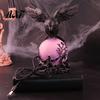 Halloween Home Decoration Gothic Crow Lamp, with Purple Light Ball, Resin Night Light, Matte Black Statue USB Powered Dark Style for