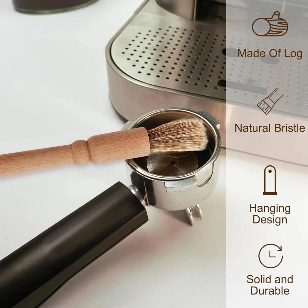 Perie de curățare pentru aparat de cafea, râșniță de boabe de cafea și espressor, mâner din lemn și peri moi din lemn pentru cafea
