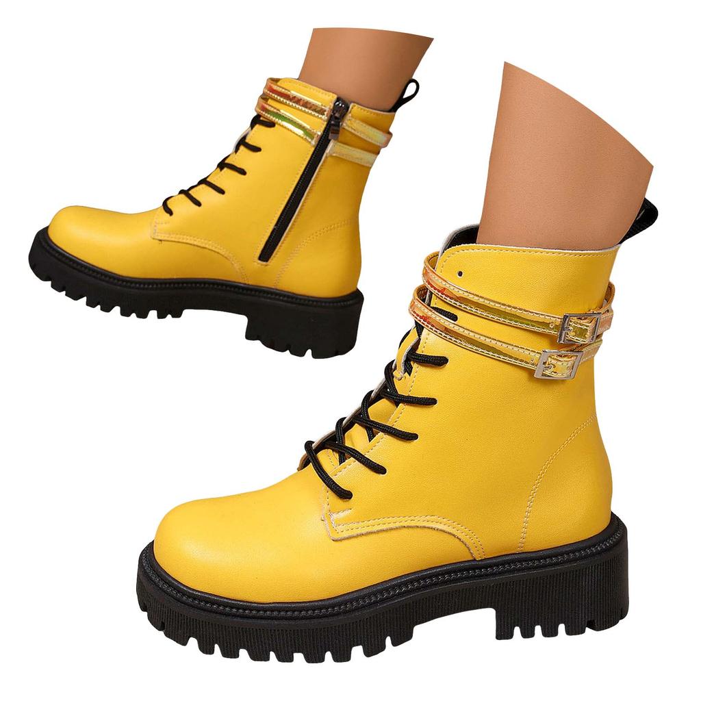 Dicke Sohle Runde Spitze Damen Einfarbige Modische Freizeit Schnürung Mittelhohe Stiefel Glitzernde Gummistiefel für Damen Mittelhoch