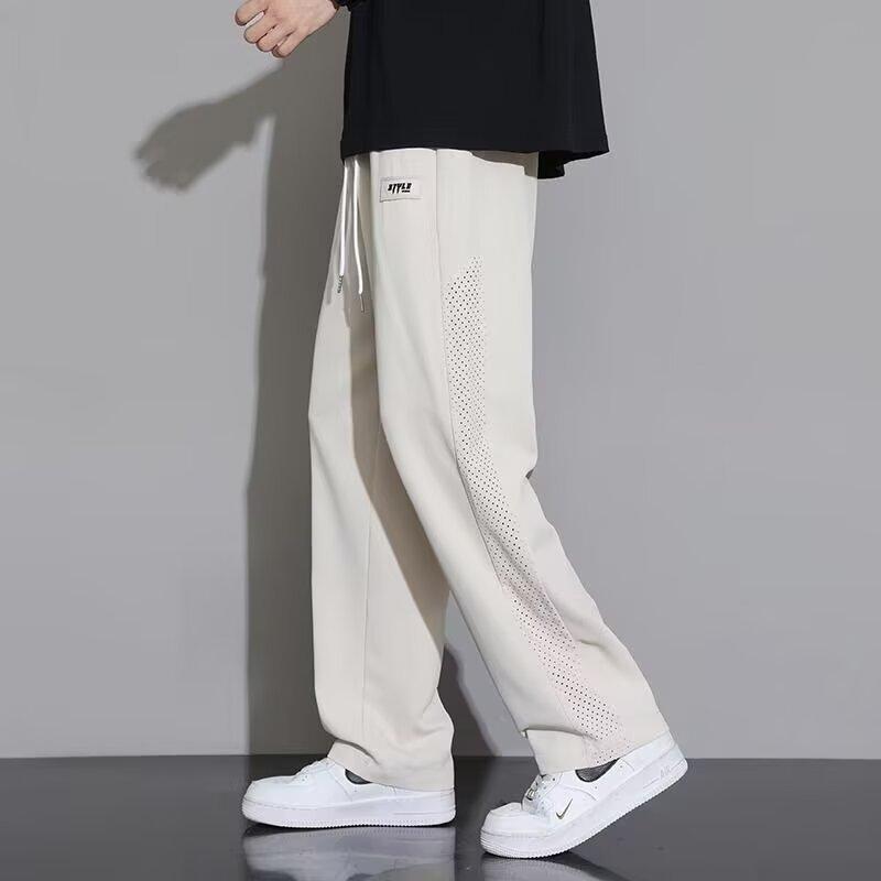 Mesh ice silk pants men's summer thin breathable loose drape wide-leg pants summer sports splicing casual trousers