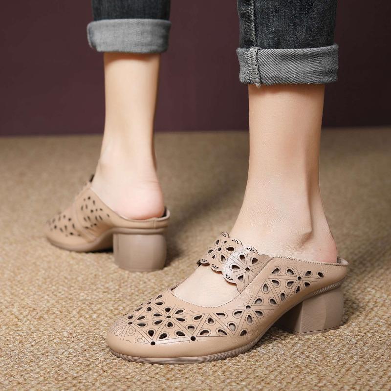 New summer first-layer cowhide cool slippers women's slippers wear fashionable and versatile retro bag head slippers