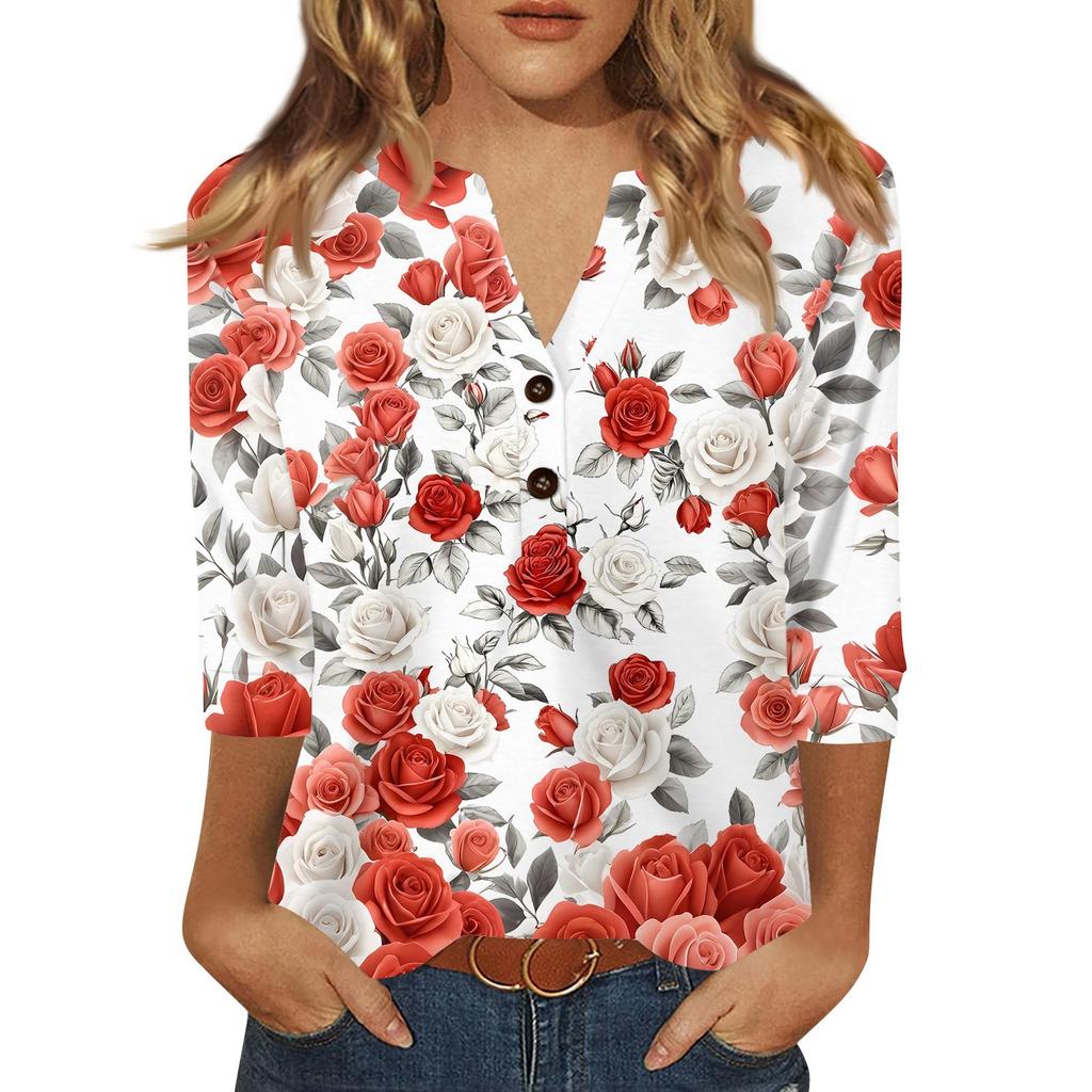 Women's T Shirt Print Button 3/4 Sleeve Daily Weekend Fashion Basic V- Neck Regular Top