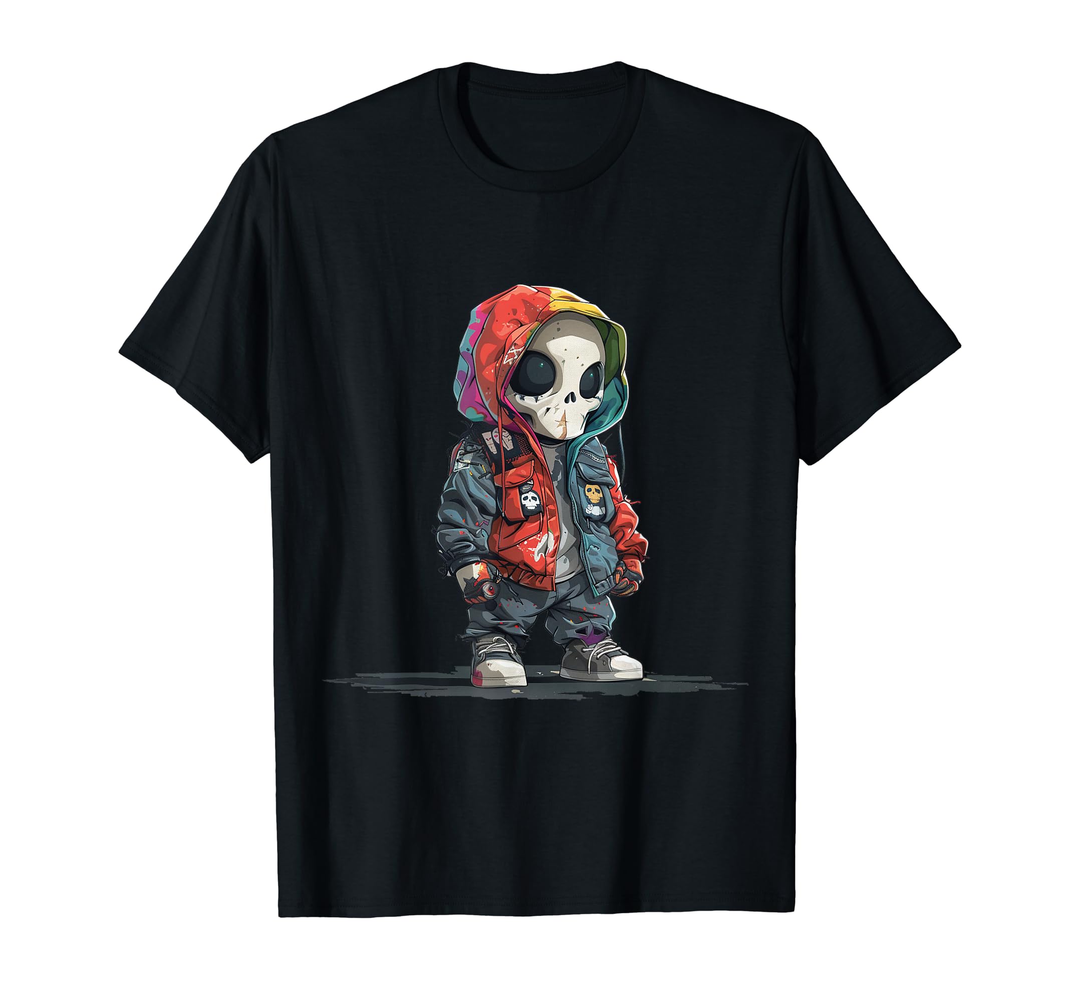 Hip Hop Skull Ghost Creature Colorful Cyberpunk Style Punk T-Shirt чёрный