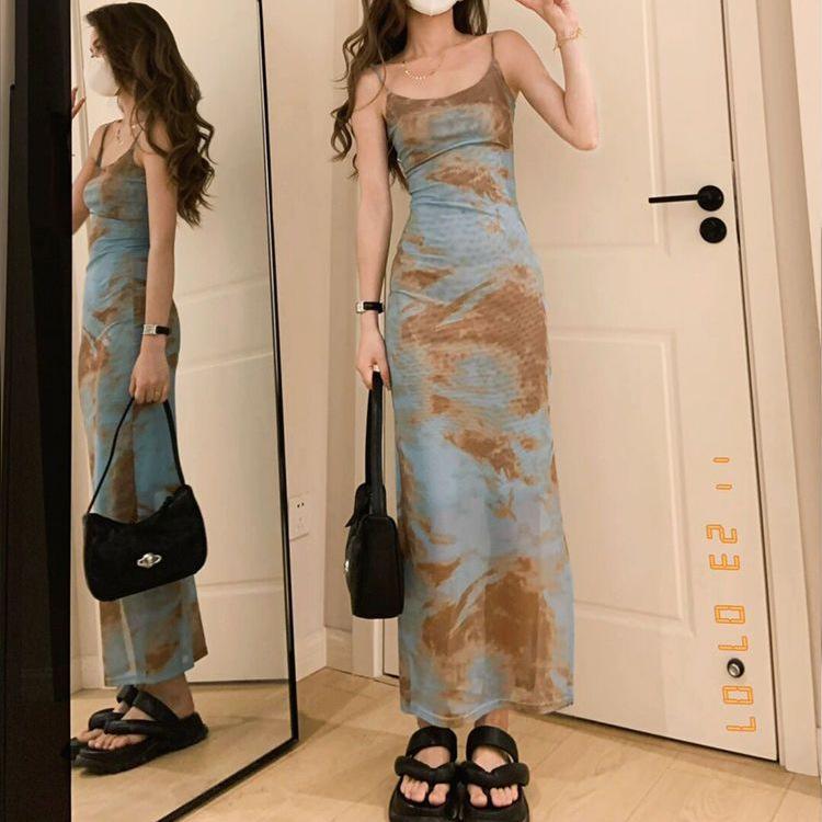 2026 French Tie-dye Suspender Dress, High-end High-end Sense, Gentle Wind, Waist and Thin, Spice Girl Long Skirt Tide