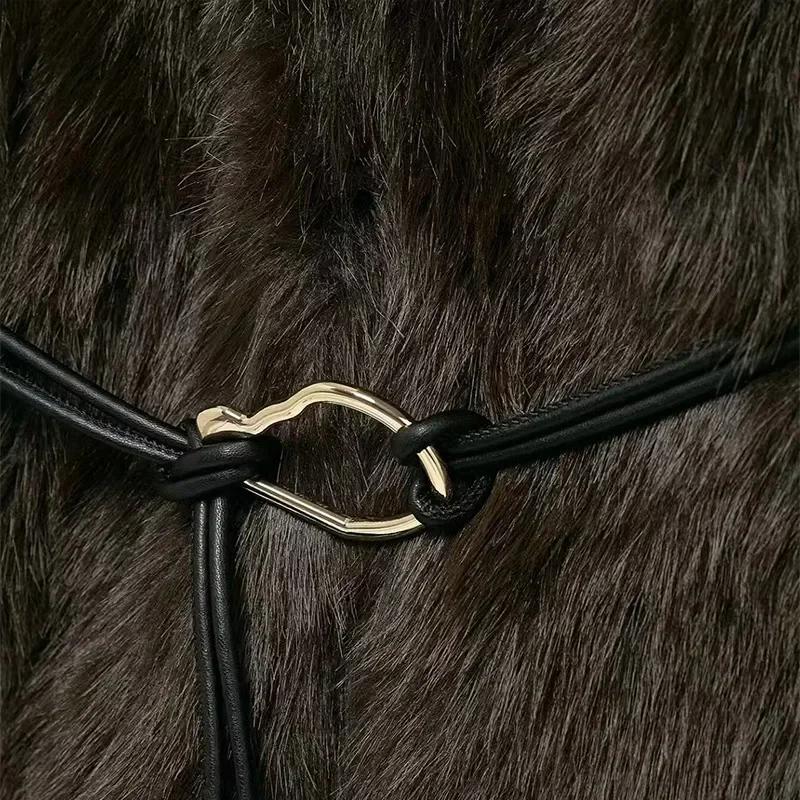 Vintage Luxury Faux Fur Women Coats Fashion Belt Lapel Full Sleeve Female Jacket 2025 Winter Street Loose Thicken Lady Outwears