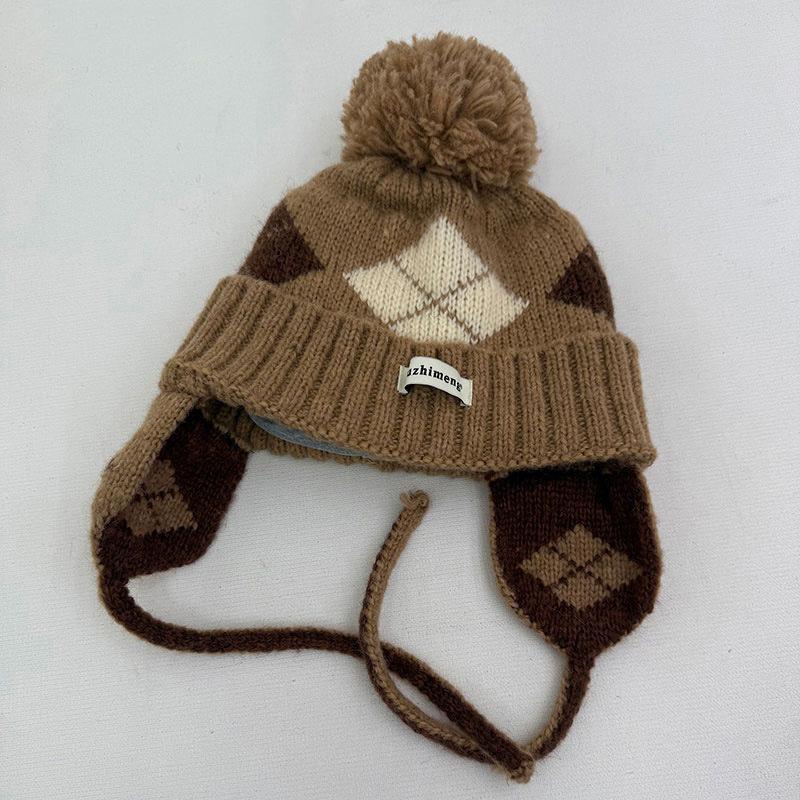 Autumn and Winter Sweet Ear Protection Knitted Hat Children's Colorful Rhombus Plaid Simple Wool Hat Warm Bald Hat
