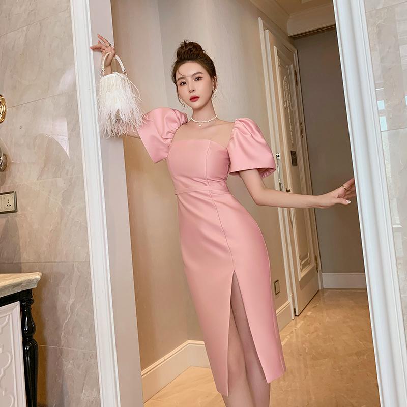 Elegant Off-the-Shoulder 3D Bubble Sleeve Midi Bodycon Dress Large розовый