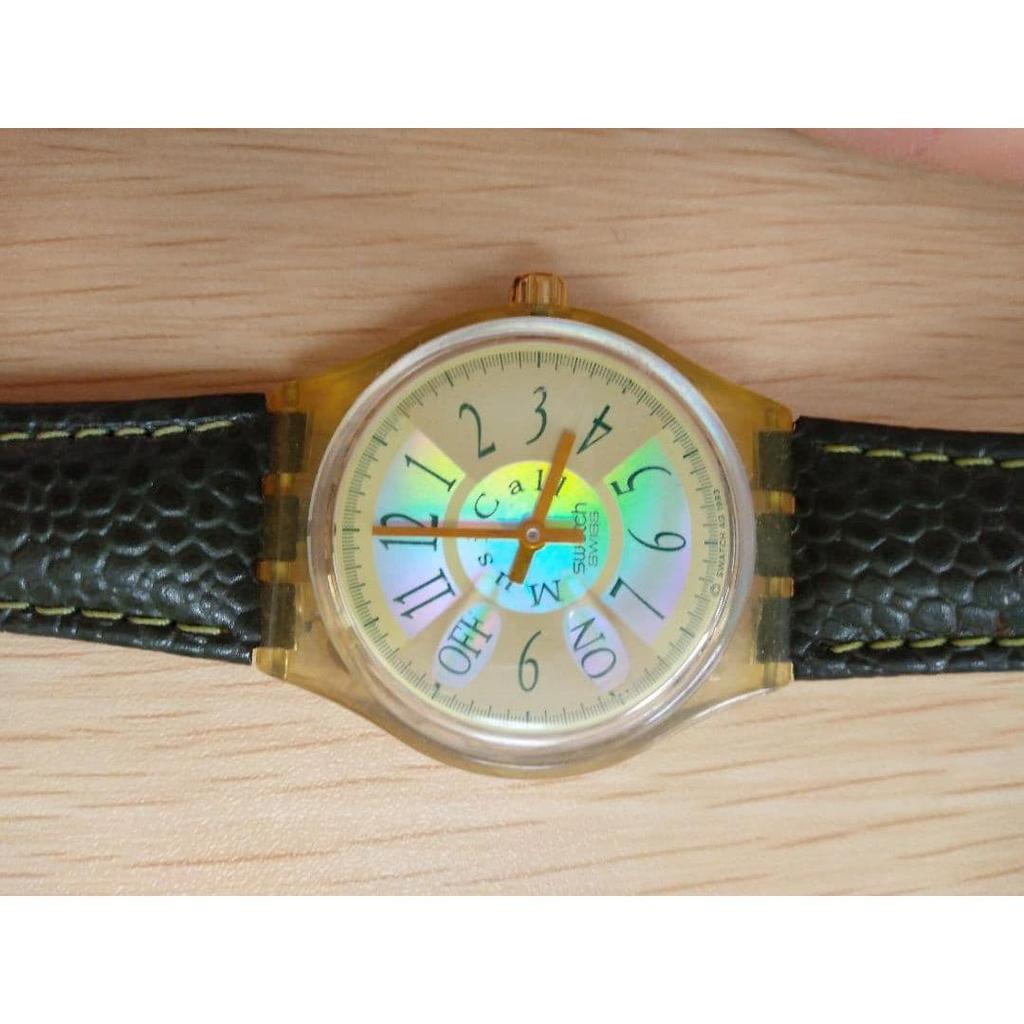 Used Swatch watch rainbow dial green genuine leather strap