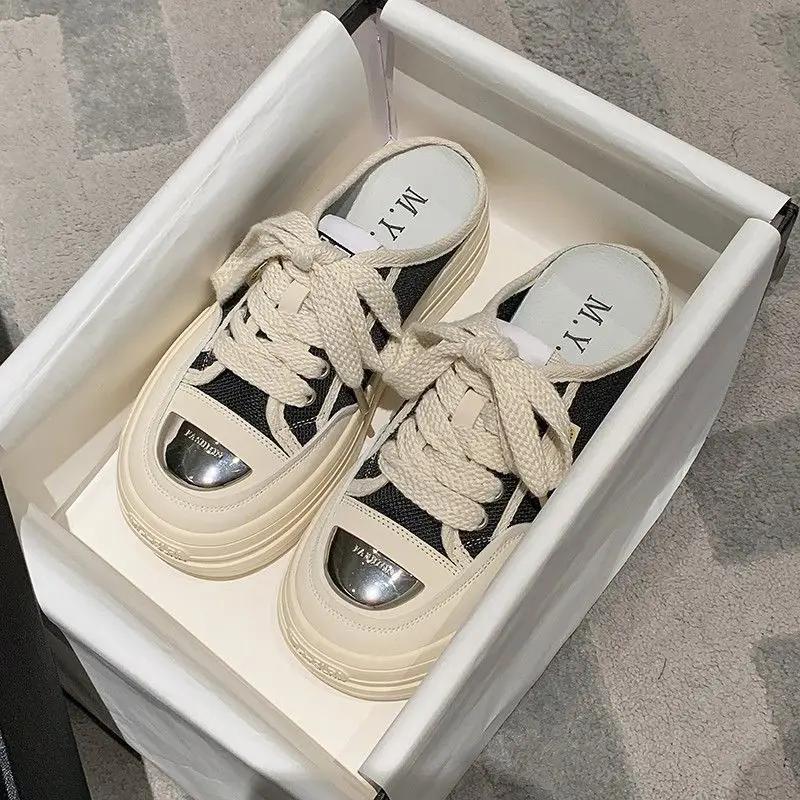 Fashion Outside Black Canvas Round Toe Slides Thick Shoes Women's Slippers and Ladies Sandals Height White Top Designs Small Size Unique