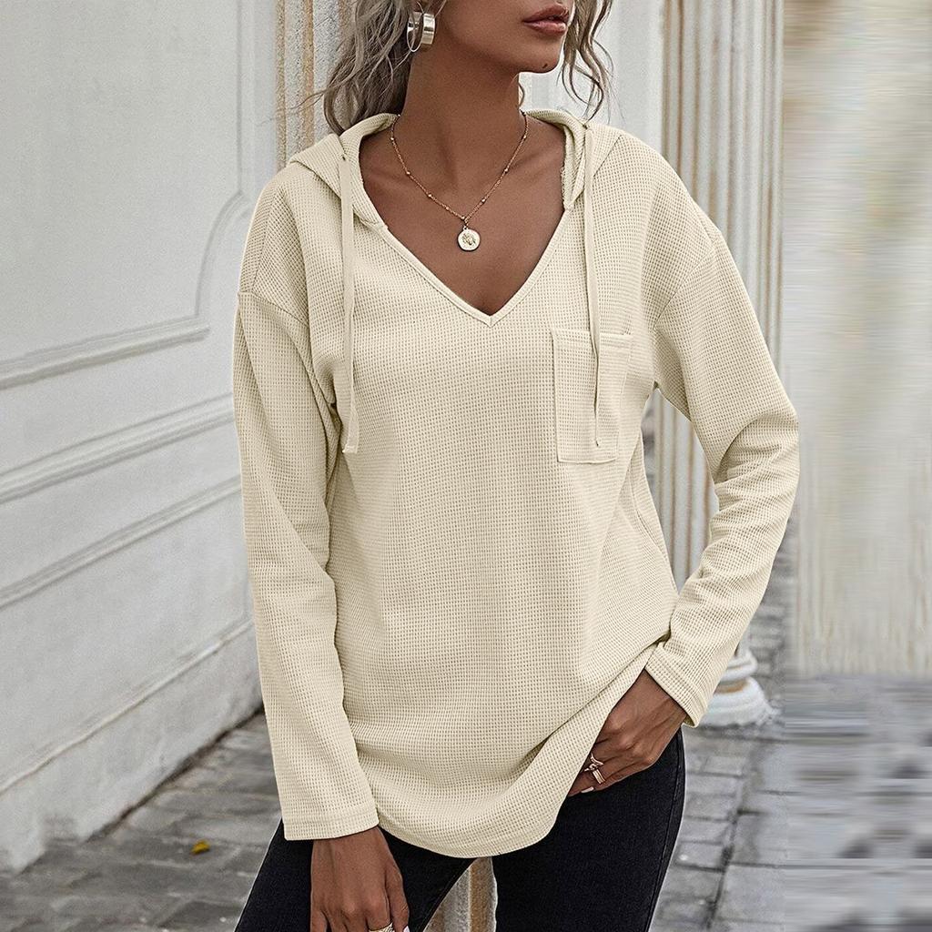 Dámská mikina pro volný čas, dlouhý rukáv, jednobarevný, sportovní svetr s výstřihem do V, s kapsami