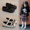 Girls Princess Shoes Black Simple Bow Kids Leather Shoes Minimalism Sweet 2025 New Girls Flat Shoes Soft Sole Non-slip Ins Trend