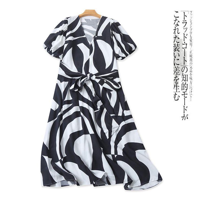 

Rayon Printing Dress Summer New Foreign Trade Women clothes V-neck Pullover Bubble Short sleeve Plus size Long dress 30683 Black and white pattern A- 4-23-1 XL