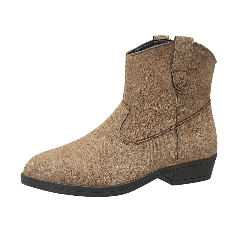 

Женские ковбойские сапоги в западноевропейском и американском стиле 2024 года, осень и зима, новые замшевые короткие сапоги с острым носком для женщин, туфли на платформе 42 хаки