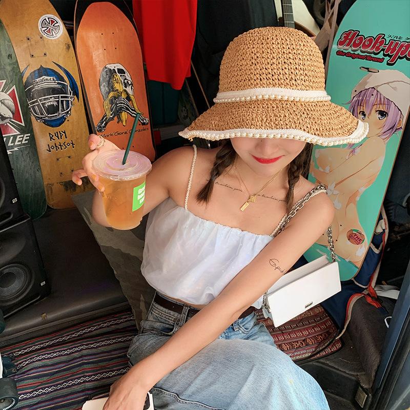Pearl straw hat summer travel sunscreen sunshade bucket hat new straw seaside vacation net red hat