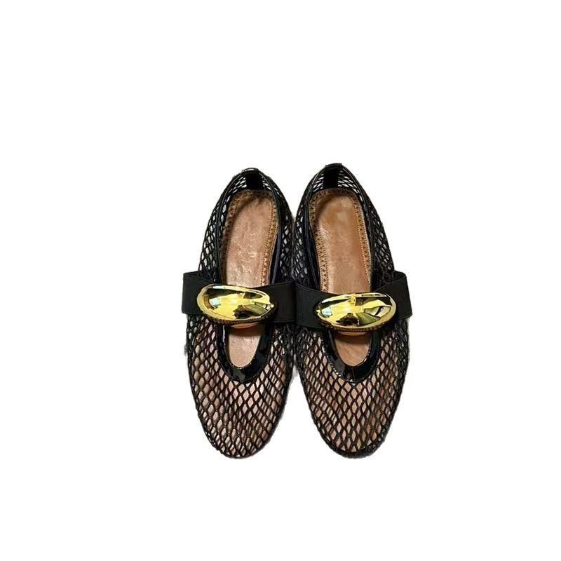 Niche Design Metal Elastic Band Mesh Ballet Shoes Women's Hollow Shallow Mouth Breathable Mary Jane Single Shoes