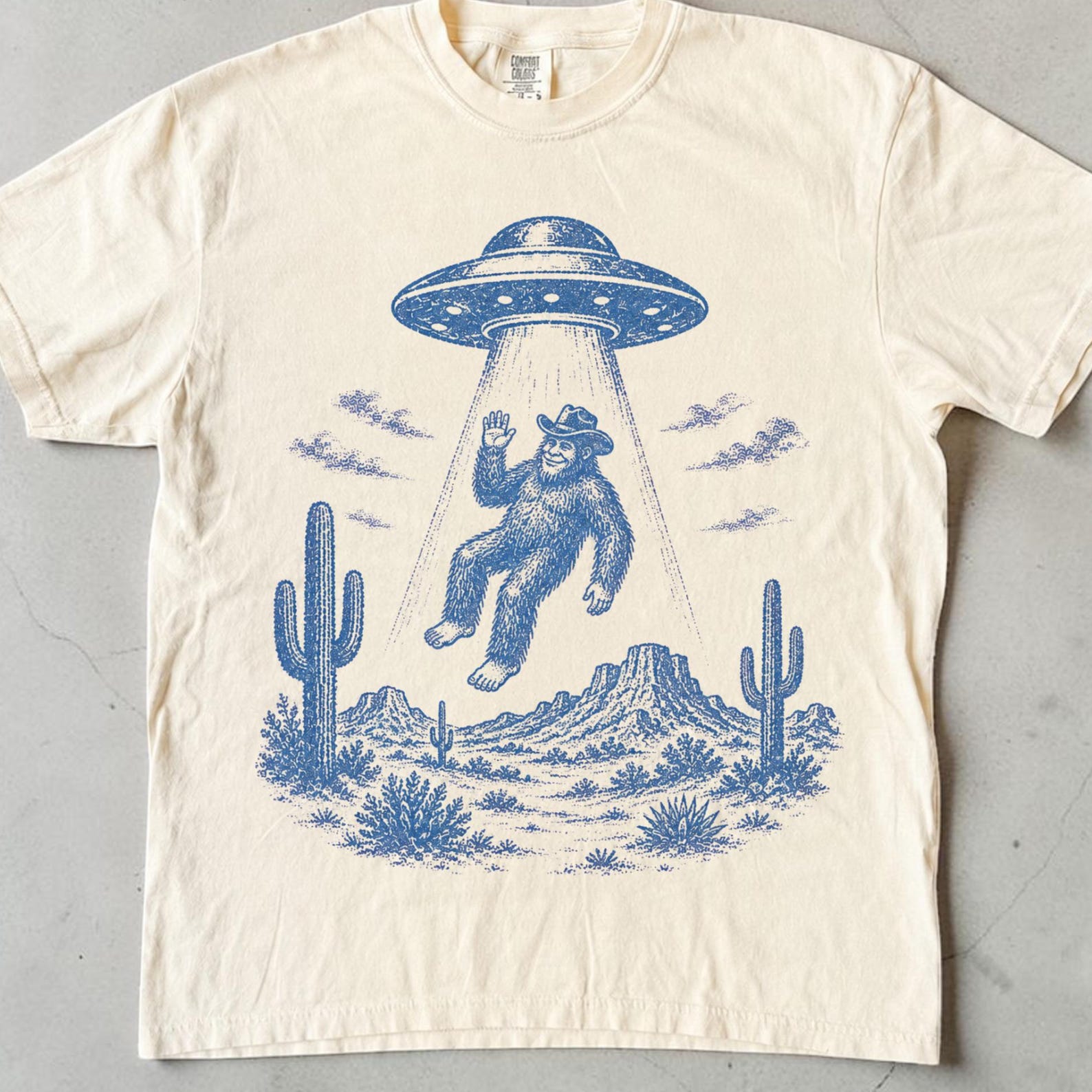Cowboy BigfooT shirt, Funny UFO Alien Abduction Tee, Sasquatch Cryptid Western, Bigfoot Gift, Unisex Relaxed Fit Comfort Colors XL