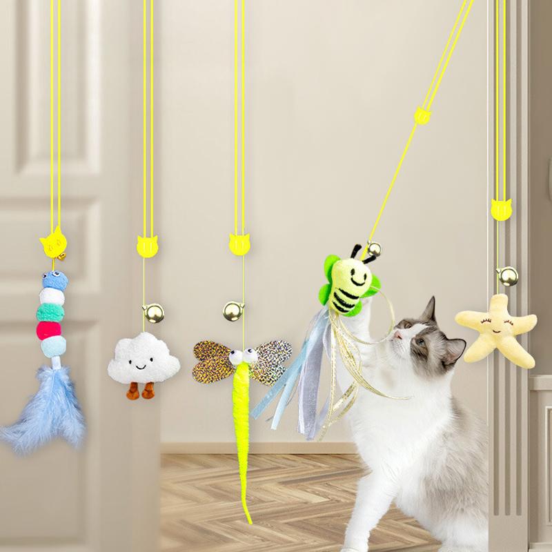 Interaktives Haustier Katze Spielzeug Lustiger Stab Kätzchen Selbst-hi Elastisches Seil Libellenform Feder Glocke Hängend Tür Necken Kätzchen Spielzeug