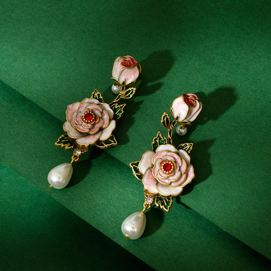 Medieval vintage fashion temperament enamel glaze white peony flower pearl fringed pendant earrings sweet earrings