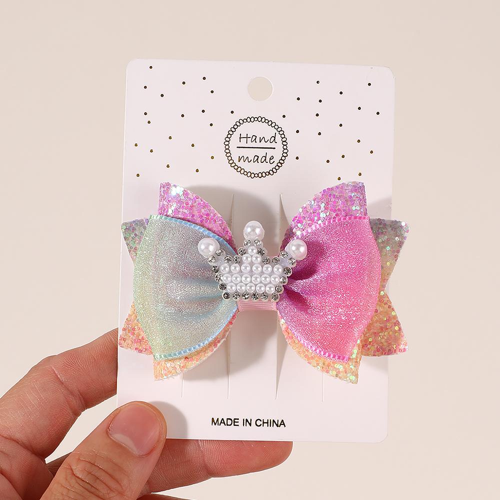 2Pcs Sweet Tulle Barrette Hair Bow Clip Sparkly Glitter Pigtails Hair Clip with Pearl Crown Headdress Kids