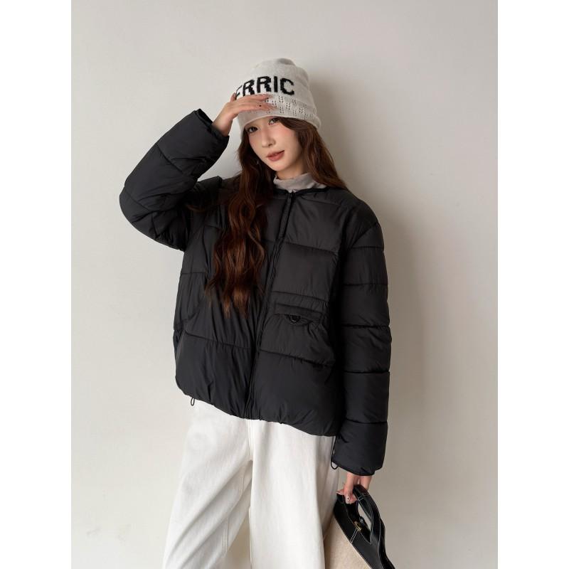 Womens Short Cotton Puffer Jacket 2026 Winter Loose Fit Round Neck Warm Coat Korean Style Casual Outerwear