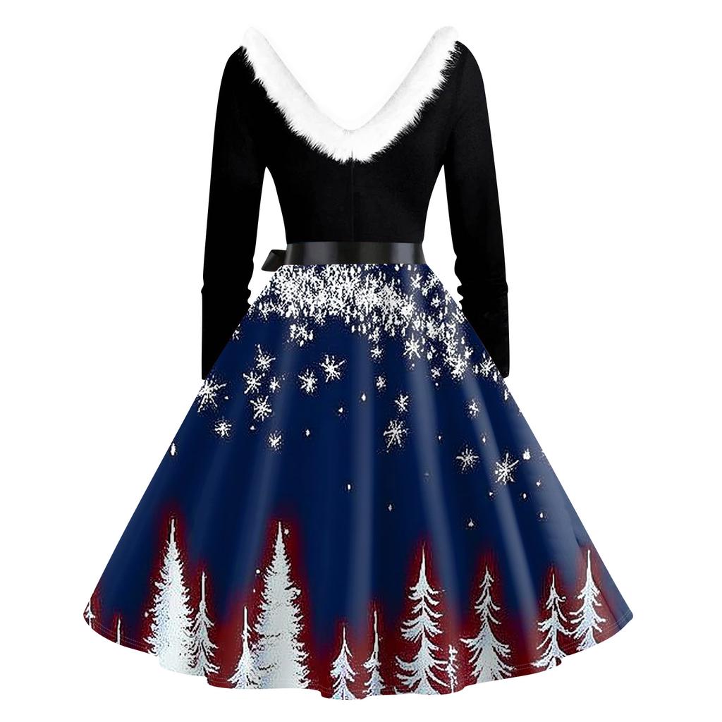 Damenmode V-Ausschnitt Lässig Schlank Weihnachten Bedruckt Langarm Haarkragen Kleider