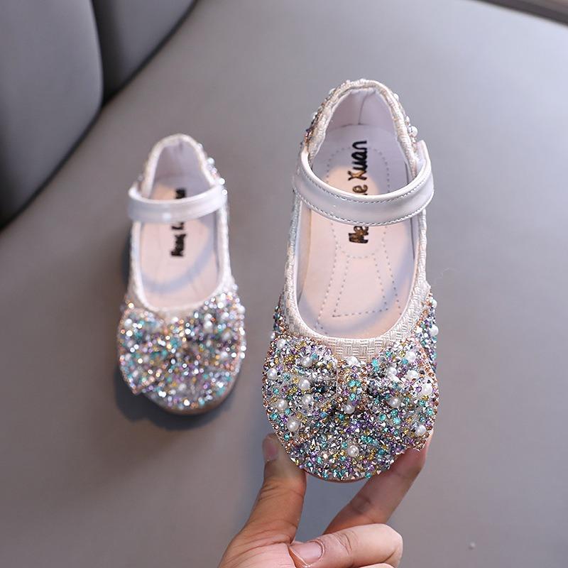 Girls' flat shoes, spring-autumn new style, colorful rhinestones & bowknot, small/medium/large children's dance shoes, performance shoes