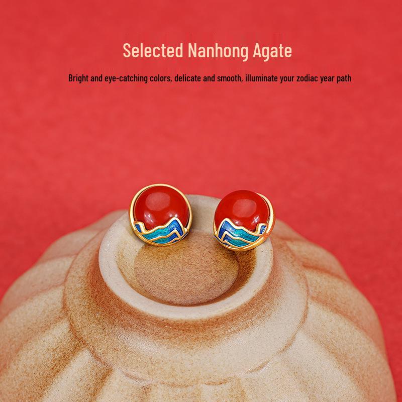 Tichiya Red Agate Mountain and River Earrings for Women - S925 Sterling Silver, Retro National Trend, Zodiac Year Design