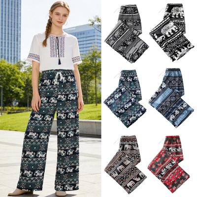 Women Casual Pants Wide Leg Elephant Print Elastic Waist Adjustable Drawstring Loose Fit Trousers Travel Work Daily Wear