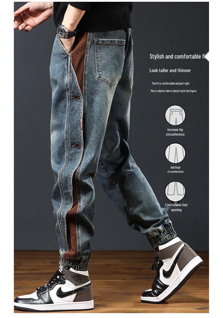 Męskie Grube Jeansy Robocze Patchworkowe - Luźne, Zakończone Ściągaczem, Modna Marka Streetwear, Spodnie Haremki