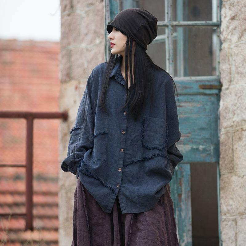 

Linen, Cotton, Sand, Fried, Brushed, Plus Size Shirt, Cotton and Linen Women s Clothing, Old Loose Stitching Irregular Blouse One size темно-синий