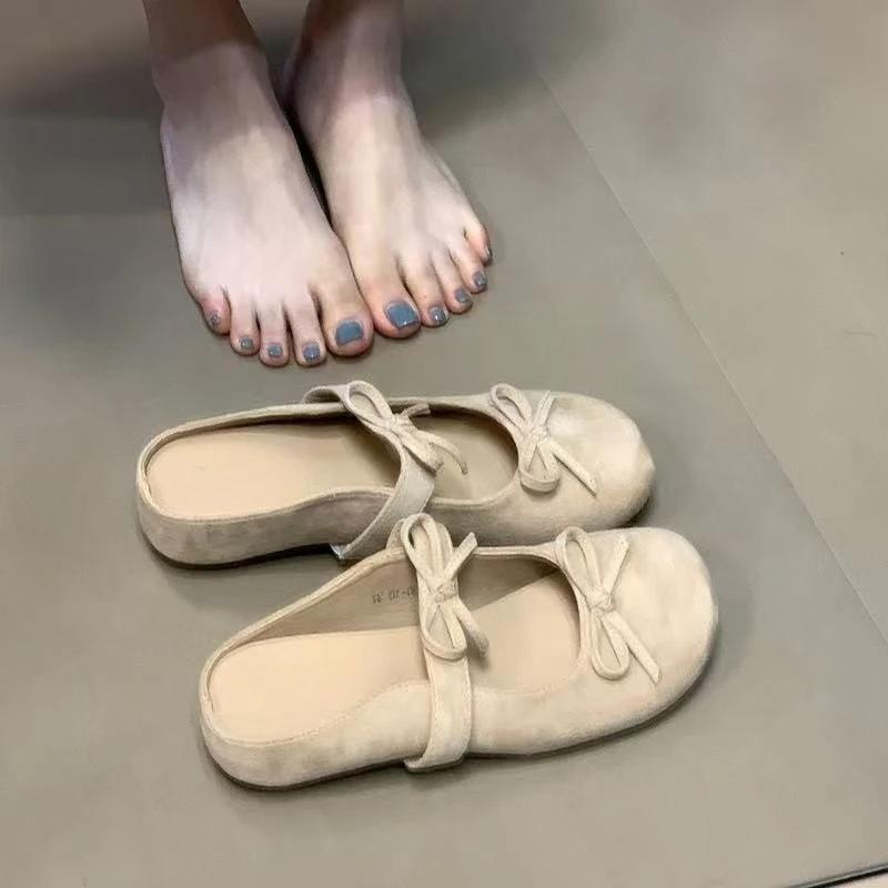 Fashion Flat Inside Increase Slippers Summer New Round Head Shallow Mouth Suede Butterfly Knot Soft Sole Non-slip Shoes