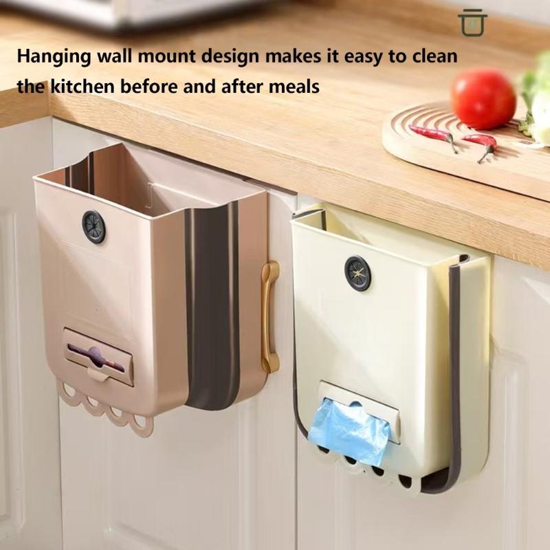 Wall-Hanging Folding Trash Container with Plastic Body for Kitchen Cleanup, Laundry Rooms, Dorms, and Office Use