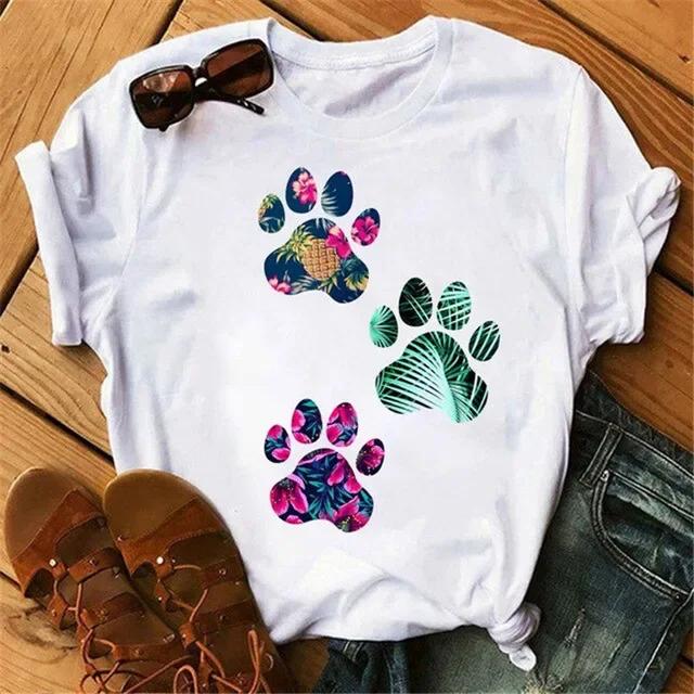Women's Large Size Short Sleeve Crewneck T-Shirt Cartoon Hand-Painted Dog Paw Print Warm Polyester Fabric Summer Fashion