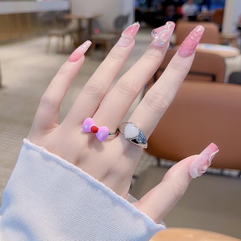 Bow Love Moonstone Open Ring Women'S Niche Design Sense Index Finger Ring Fashion Personality Adjustable Ring