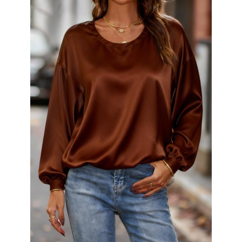 QICED Women's Fashion Casual Solid Color Print Long Sleeve O-Neck Blouses & Shirts