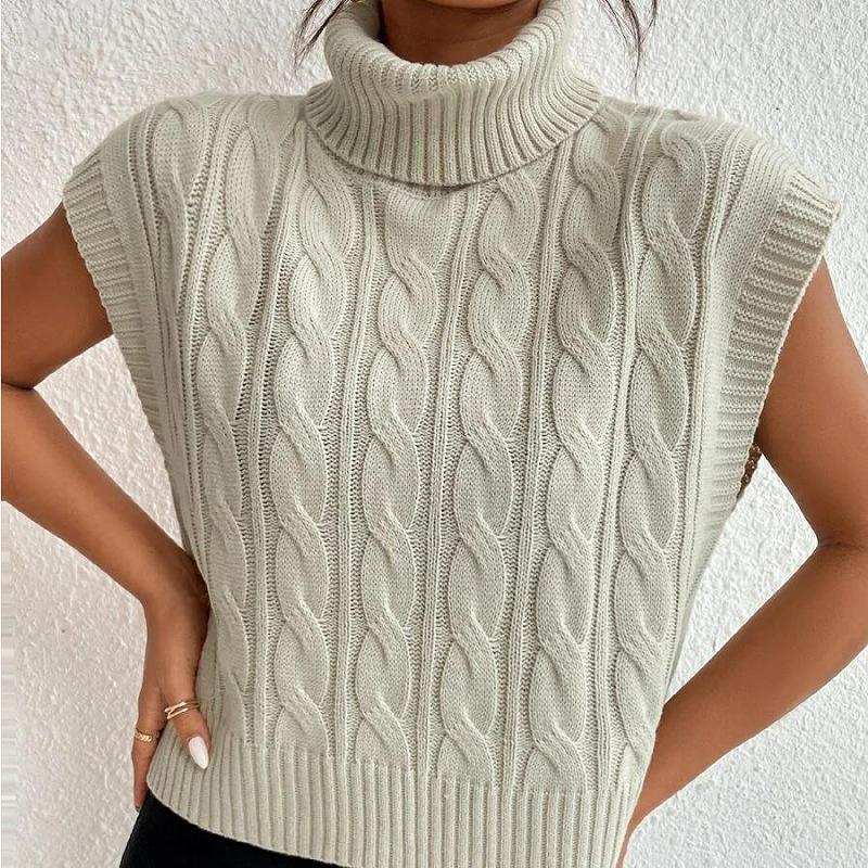 IHUASU Women's Autumn Knitted Solid Colour High Neck Loose Stranded Flower Sleeveless Inner Outer Vest Vest