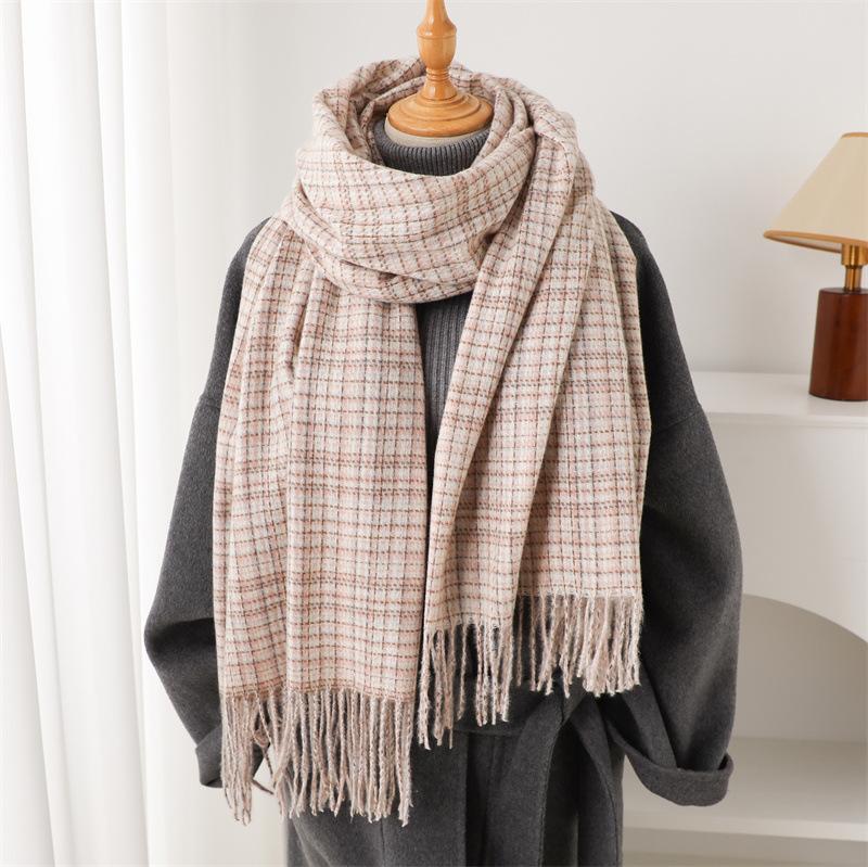 

Literary Fine Plaid Long Autumn And Winter Warm Scarf Women S Shawl Versatile Commuter Fringed Imitation Cashmere Scarf 206cmX68cm (with tassel)